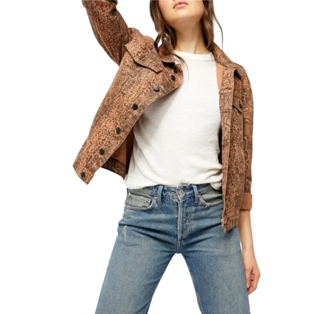 Free People Snake Print Trucker Jacket Button Closure Pockets Size S - Picture 6 of 13